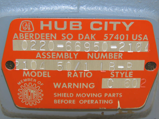 Hub City 0220-66950-2104 LB-R Gearbox 50:1 Double Reducer 35rpm 56C RH Output