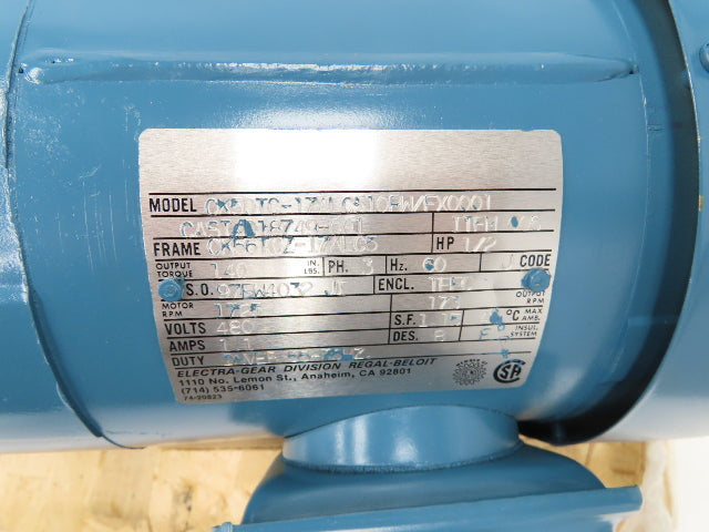 Electra Gear CK50TC-17ALC510LE Gearmotor 10:1 Ratio 173rpm 1/2Hp 480V 3PH 56C RH
