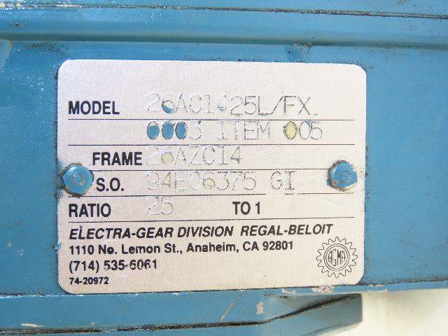 Electra Gear 26AC1425L/FX Gearbox 25:1 Reducer 70rpm 56C/140TC LH Output