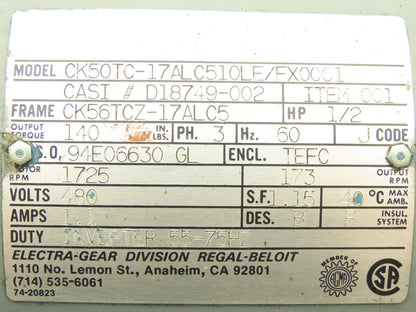 Electra Gear CK50TC-17ALC510LE AC Motor .5Hp 1725rpm 480V 3PH 56C CK56TC2-17ALC5