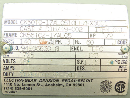 Electra Gear CK50TC-17ALC510LE AC Motor .5Hp 1725rpm 480V 3PH 56C CK56TC2-17ALC5
