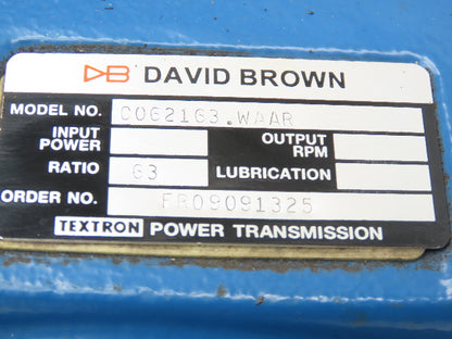 David Brown C062163.WAAR Helical Worm Gearbox 63:1 Reducer 27rpm LH 140TC
