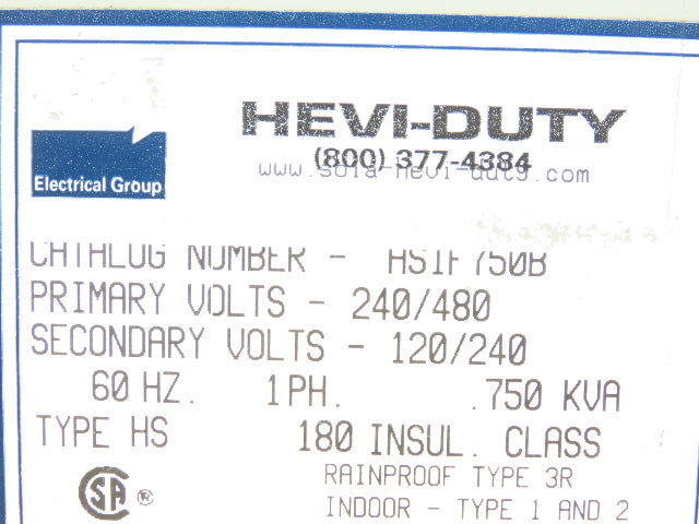 EGS HS1F750B Hevi-Duty Transformer 0.75 KVA 1Ph HV 240/480V LV 120/240V