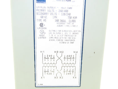 EGS HS1F750B Hevi-Duty Transformer 0.75 KVA 1Ph HV 240/480V LV 120/240V