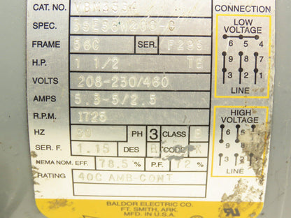 Baldor VBM3554 Brake Motor 1.5Hp 1725rpm 230/460V 3PH 56C **Brake Removed**