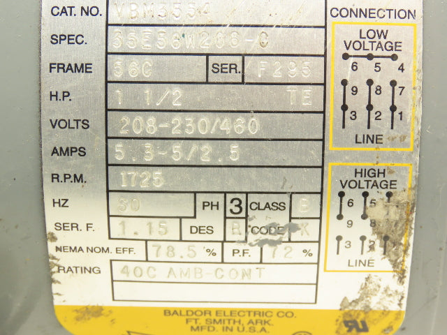 Baldor VBM3554 Brake Motor 1.5Hp 1725rpm 230/460V 3PH 56C **Brake Removed**