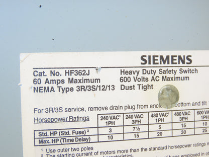 Siemens HF362J Safety Disconnect Switch 60A 3 Pole 600V AC Fusible