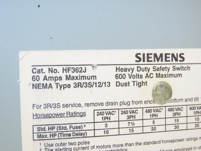 Siemens HF362J Safety Disconnect Switch 60A 3 Pole 600V AC Fusible