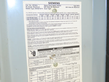 Siemens HF362J Safety Disconnect Switch 60A 3 Pole 600V AC Fusible