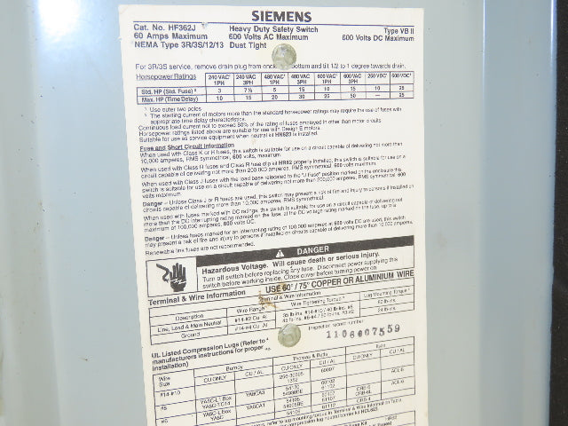 Siemens HF362J Safety Disconnect Switch 60A 3 Pole 600V AC Fusible