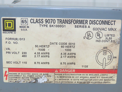 Daykin SK1000G1 Stepdown Power Transformer Disc 1000VA HV 460 LV 115 1PH 8.7A