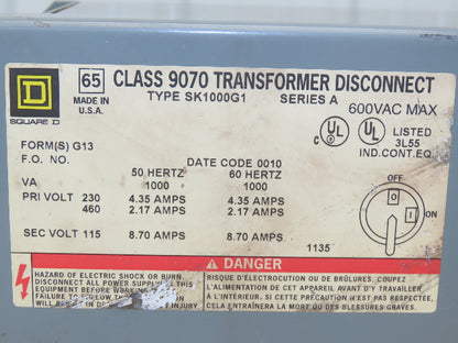 Daykin SK1000G1 Stepdown Power Transformer Disc 1000VA HV 460 LV 115 1PH 8.7A