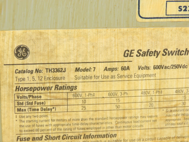 General Electric TH3362J Model GE Safety Disconnect Switch 60A 600VAC