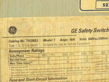General Electric TH3362J Model GE Safety Disconnect Switch 60A 600VAC