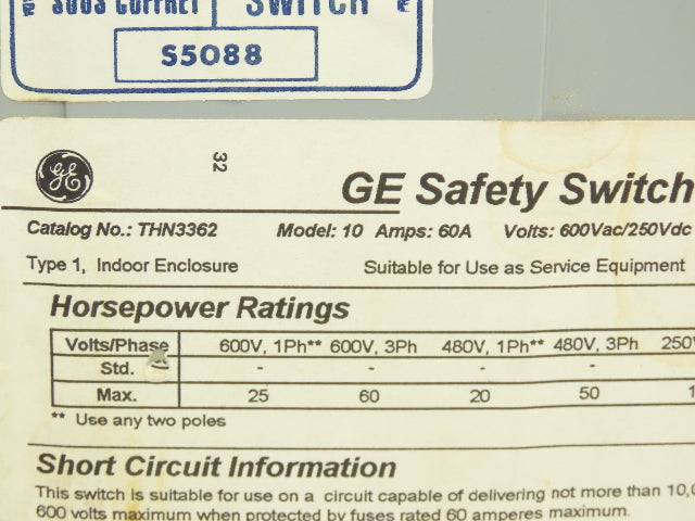 General Electric THN3362 Model 10 GE Safety Disconnect Switch 60A 600VAC
