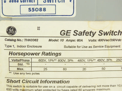 General Electric THN3362 Model 10 GE Safety Disconnect Switch 60A 600VAC