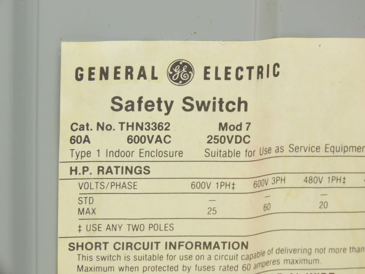 General Electric THN3362 Model 7 GE Safety Disconnect Switch 60A 600VAC