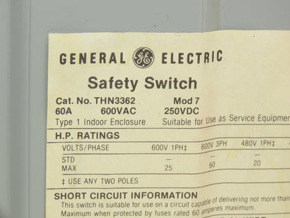 General Electric THN3362 Model 7 GE Safety Disconnect Switch 60A 600VAC
