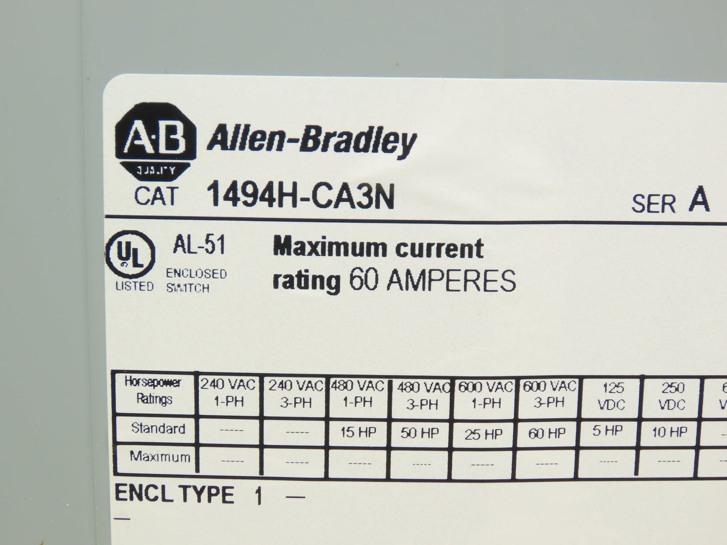 Allen Bradley 1494H-CA3N 1494H-CA3N Safety Disconnect Switch 60A 600VAC