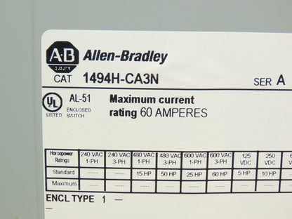 Allen Bradley 1494H-CA3N 1494H-CA3N Safety Disconnect Switch 60A 600VAC