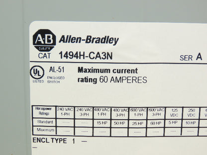 Allen Bradley 1494H-CA3N 1494H-CA3N Safety Disconnect Switch 60A 600VAC