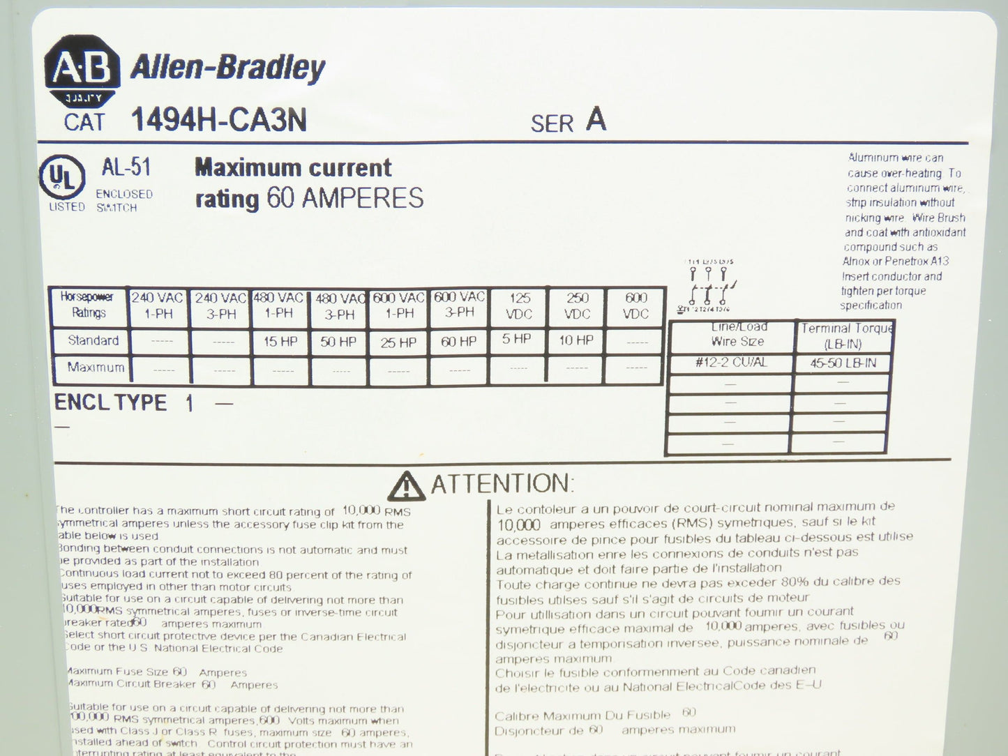 Allen Bradley 1494H-CA3N 1494H-CA3N Safety Disconnect Switch 60A 600VAC