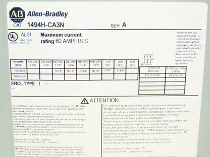 Allen Bradley 1494H-CA3N 1494H-CA3N Safety Disconnect Switch 60A 600VAC