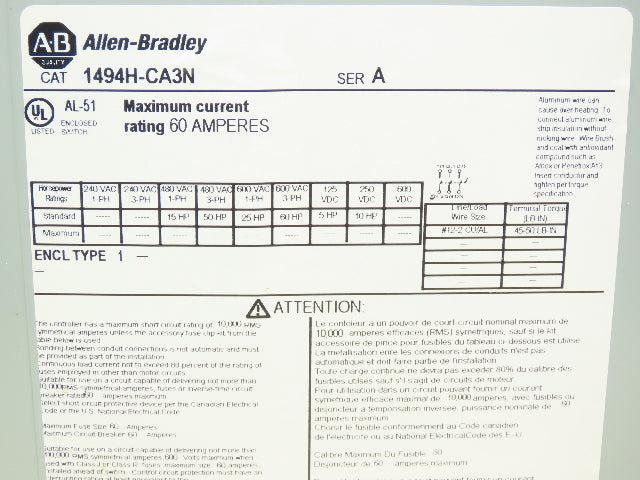 Allen Bradley 1494H-CA3N 1494H-CA3N Safety Disconnect Switch 60A 600VAC
