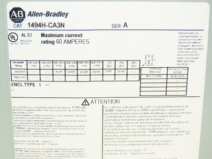 Allen Bradley 1494H-CA3N 1494H-CA3N Safety Disconnect Switch 60A 600VAC