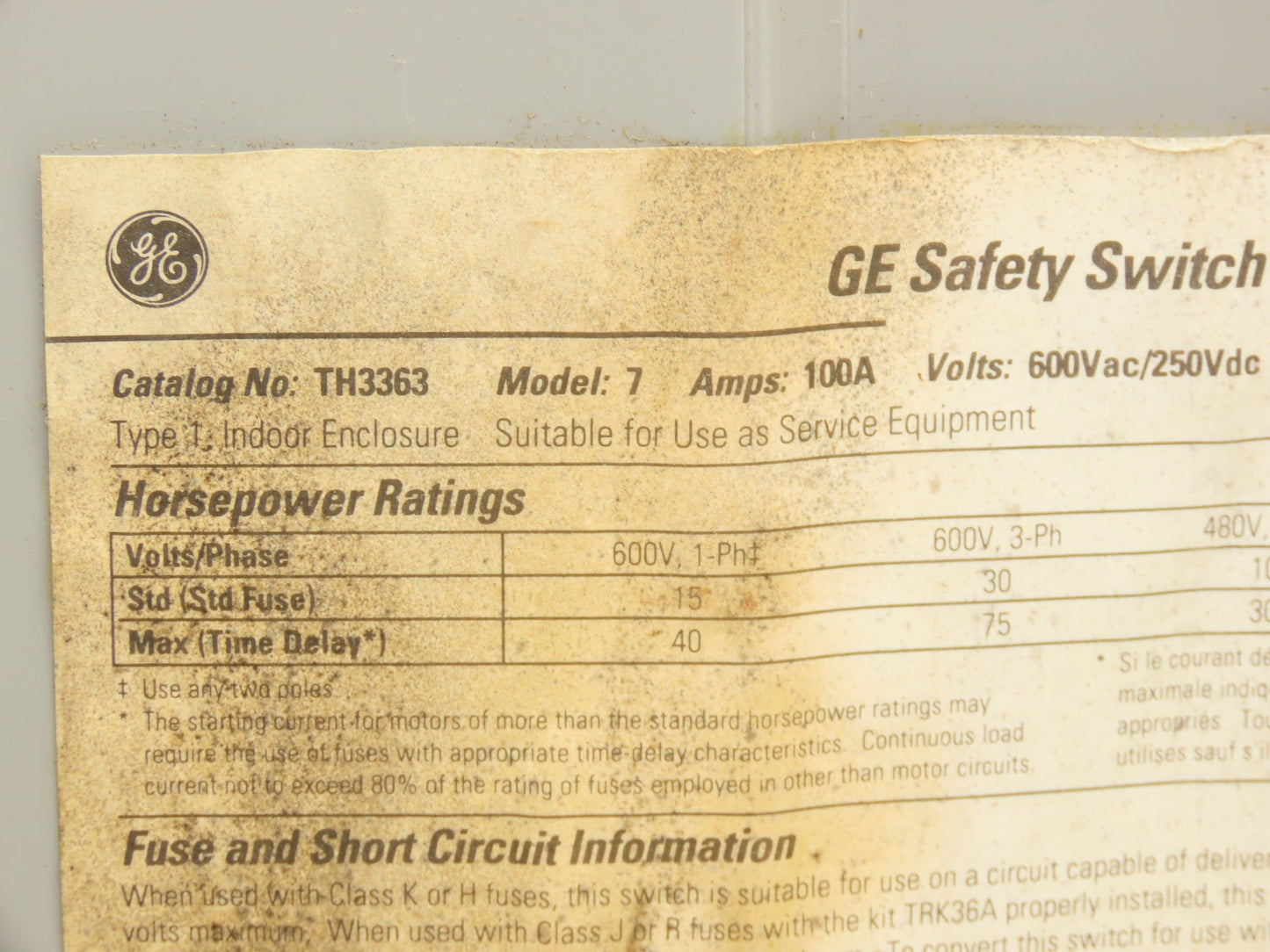 General Electric TH3363 Electrical Safety Disconnect Switch 100A 600V Fused