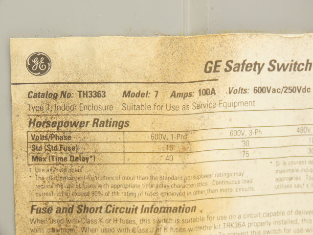 General Electric TH3363 Electrical Safety Disconnect Switch 100A 600V Fused