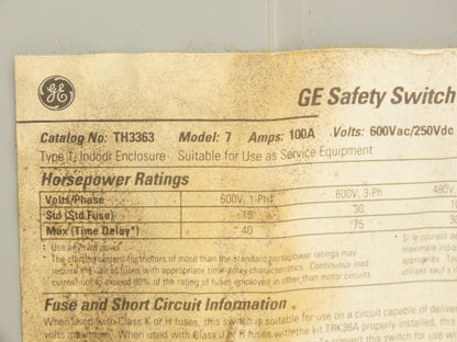 General Electric TH3363 Electrical Safety Disconnect Switch 100A 600V Fused