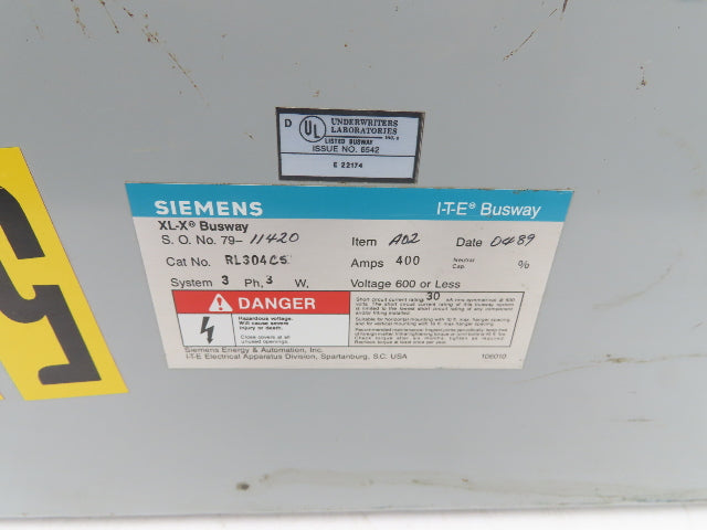 Siemens ITE XL-X Busway 400A 3PH 3W 600V End Tap Box Bus Bar Duct