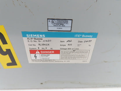 Siemens ITE XL-X Busway 400A 3PH 3W 600V End Tap Box Bus Bar Duct