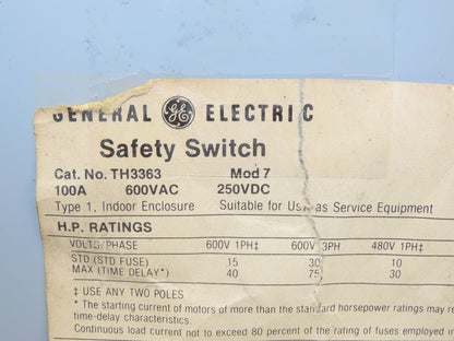 General Electric TH3363 Electrical Safety Disconnect Switch 100A 600V Fused