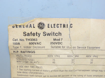 General Electric TH3363 Electrical Safety Disconnect Switch 100A 600V Fused
