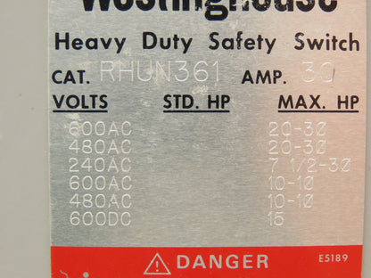 Westinghouse RHUN361 Safety Disconnect Switch 30A 600VAC 30HP