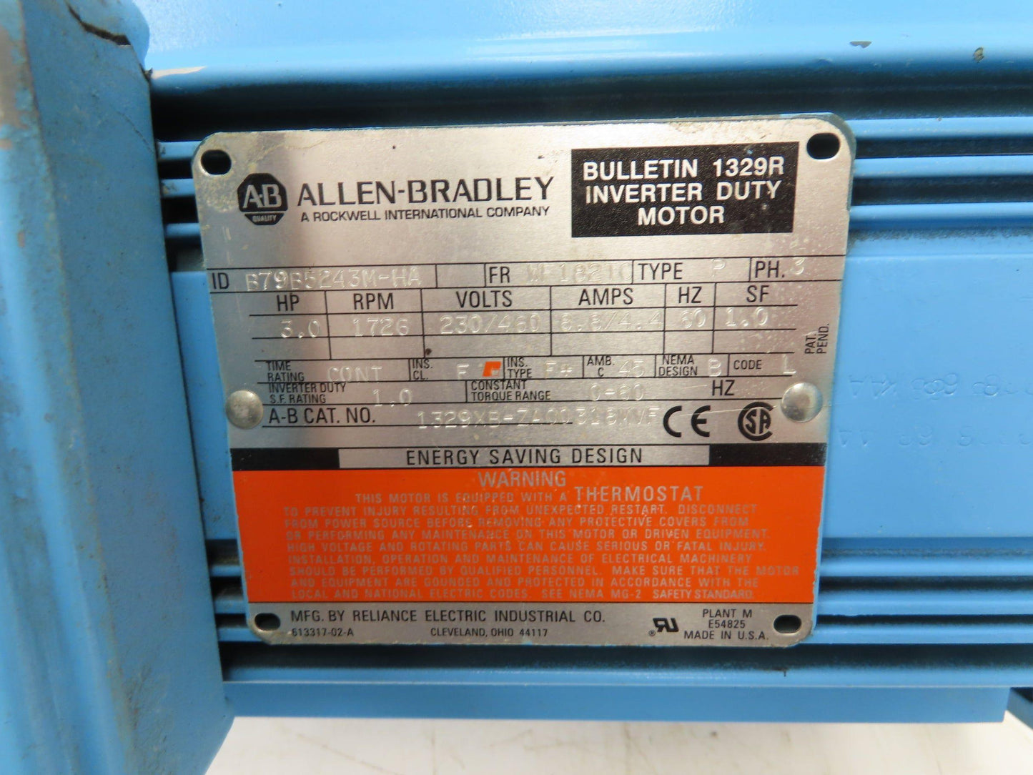 Allen Bradley AC Inverter Duty Motor 3Hp 1726rpm 230/460v 3ph WF182TC Encoder
