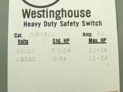 Westinghouse JHFN361 Safety Disconnect Switch 30A 600VAC