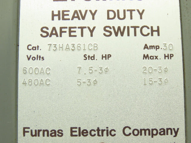 Furnas 73HA361CB Safety Disconnect Switch Fused 30A 600VAC