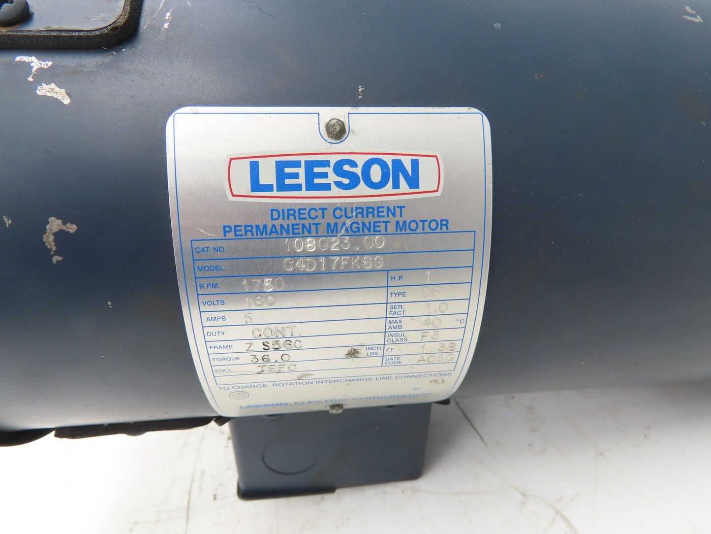 Leeson 108023.00 Permanent Magnet DC Motor 1HP 1750 Rpm 180VDC 5A ZS56C Frame