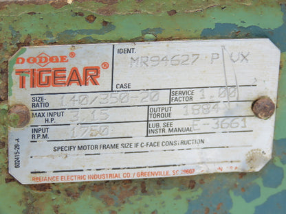 Dodge Tigear 140/350-20 Worm Gearbox 20:1 Reducer 3Hp 88rpm LH 140TC *READ*