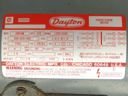 Dayton 2N916M Gearmotor 30:1 Tigear Reducer 58rpm 1/2Hp 230/460V 3PH 56C 56E262B