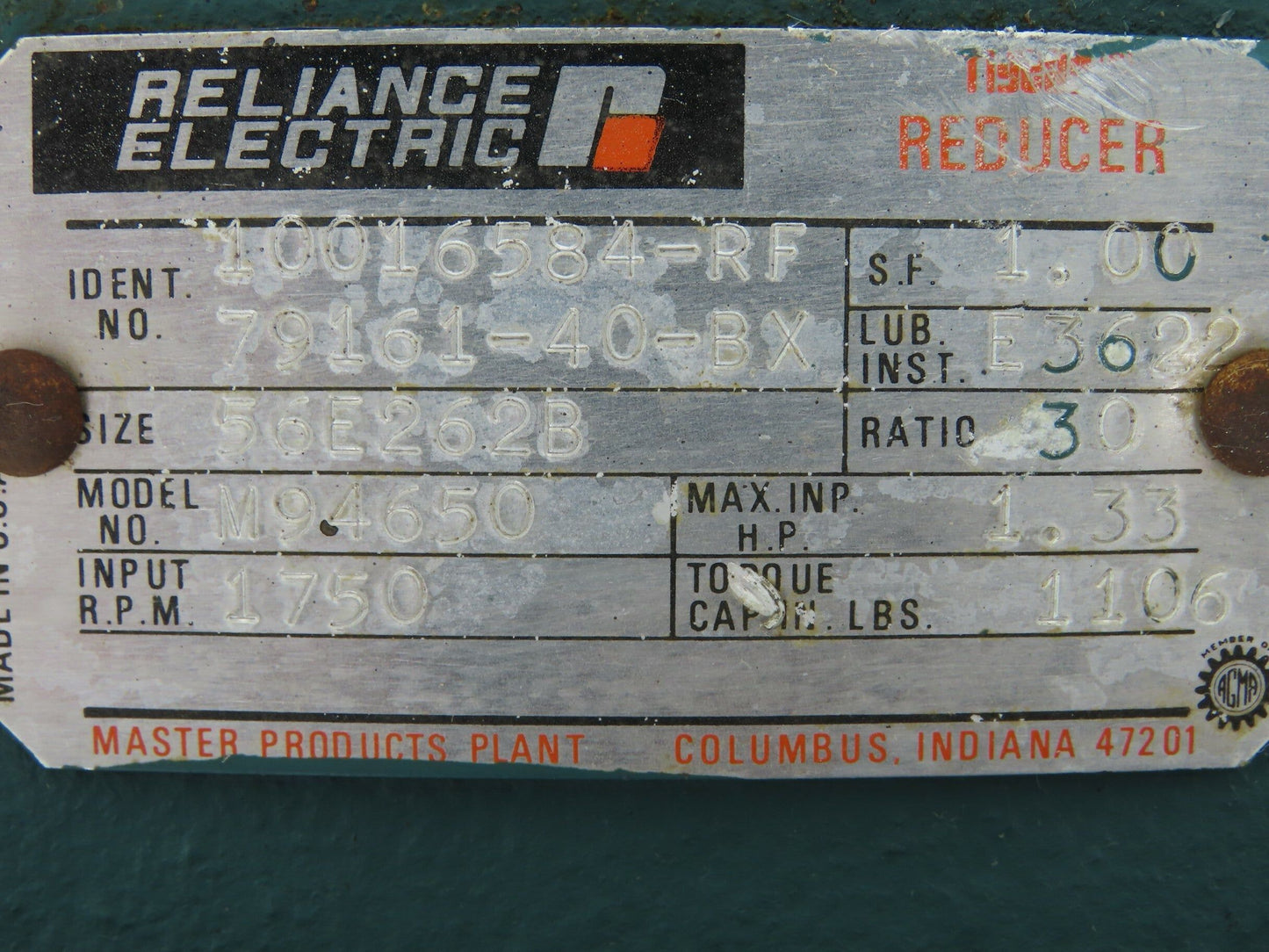 Dayton 2N916M Gearmotor 30:1 Tigear Reducer 58rpm 1/2Hp 230/460V 3PH 56C 56E262B