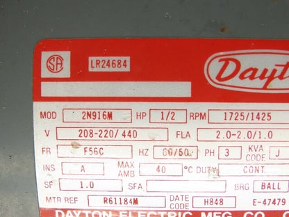 Dayton 2N916M Gearmotor 30:1 Tigear Reducer 58rpm 1/2Hp 230/460V 3PH 56C 56E262B