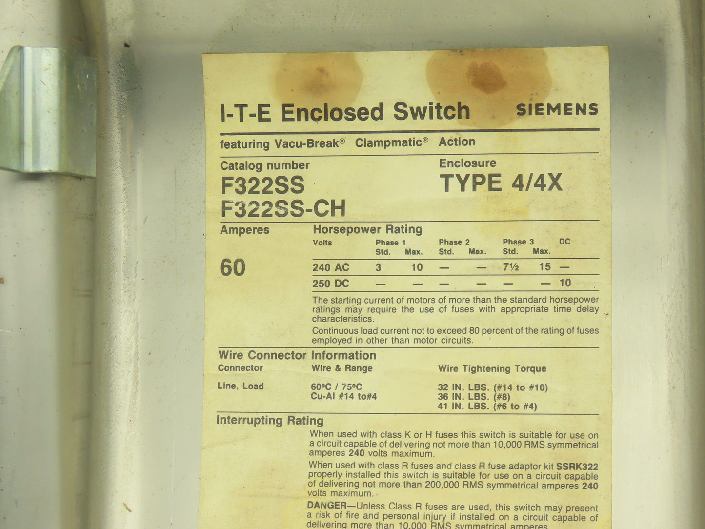 Siemens F322SS-CH Safety Switch Disconnect Fused Stainless Steel 60A 240VAC