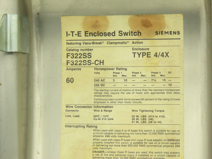 Siemens F322SS-CH Safety Switch Disconnect Fused Stainless Steel 60A 240VAC