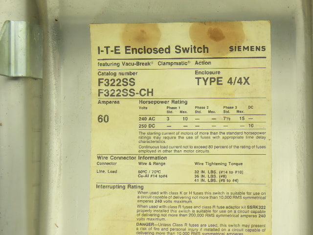 Siemens F322SS-CH Safety Switch Disconnect Fused Stainless Steel 60A 240VAC