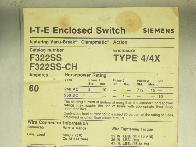 Siemens F322SS-CH Safety Switch Disconnect Fused Stainless Steel 60A 240VAC