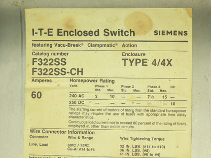 Siemens F322SS-CH Safety Switch Disconnect Fused Stainless Steel 60A 240VAC
